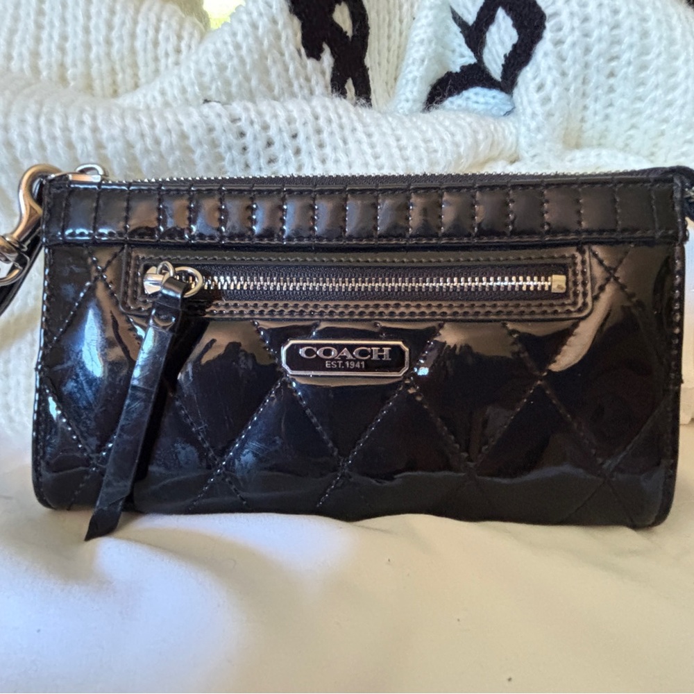 Coach Shiny Black Quilted Wristlet